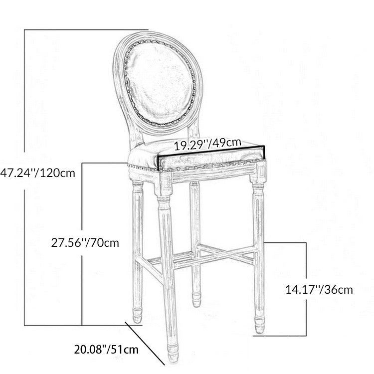 Traditional French Oval Back Fluted Legs Solid Wood Oil-wax Leather Linen Bar Stool With Backrest For Dining Room
