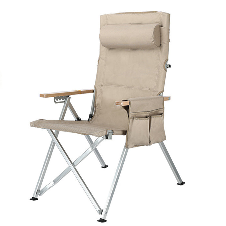 Chaise de camping pliable avec dossier réglable à 5 niveaux, en tissu Oxford industriel contemporain, alliage d’aluminium, acier au carbone et bois massif, pour extérieur et patio 