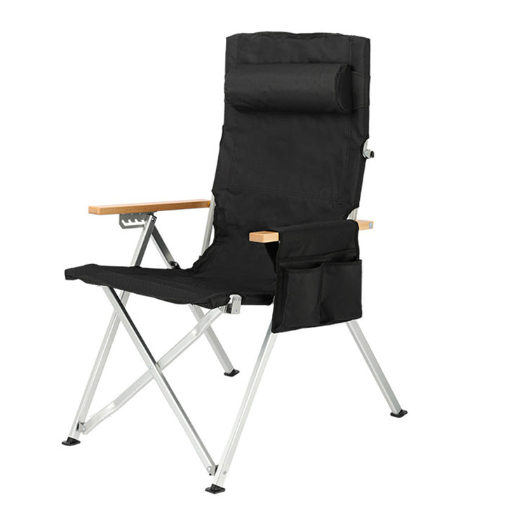 Chaise de camping pliable avec dossier réglable à 5 niveaux, en tissu Oxford industriel contemporain, alliage d’aluminium, acier au carbone et bois massif, pour extérieur et patio 