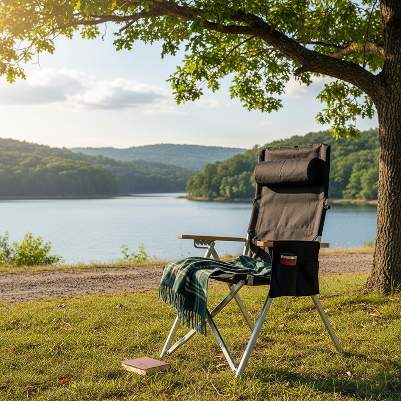 Contemporary Industrial Oxford Fabric Aluminum Alloy Carbon Steel Solid Wood Foldable Camping Chair With 5-level Adjustable Backrest For Outdoor Patio
