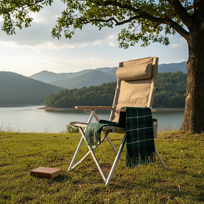 Chaise de camping pliable avec dossier réglable à 5 niveaux, en tissu Oxford industriel contemporain, alliage d’aluminium, acier au carbone et bois massif, pour extérieur et patio 