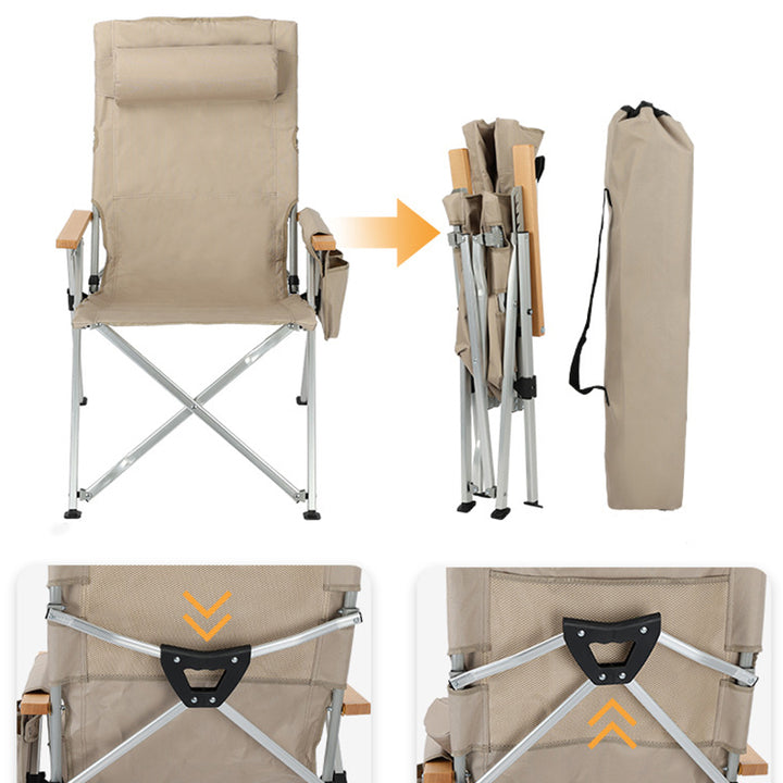 Chaise de camping pliable avec dossier réglable à 5 niveaux, en tissu Oxford industriel contemporain, alliage d’aluminium, acier au carbone et bois massif, pour extérieur et patio 