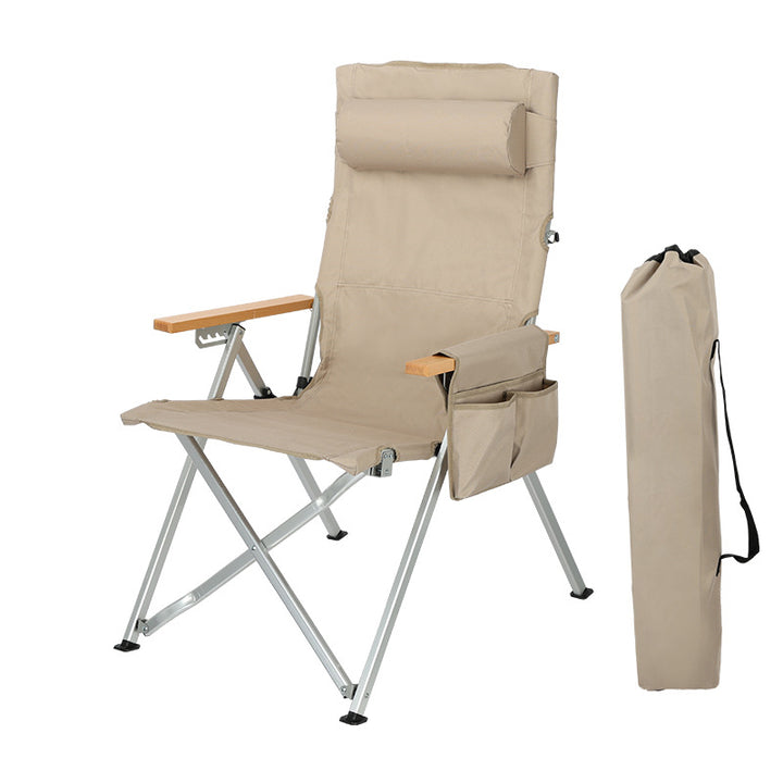 Chaise de camping pliable avec dossier réglable à 5 niveaux, en tissu Oxford industriel contemporain, alliage d’aluminium, acier au carbone et bois massif, pour extérieur et patio 
