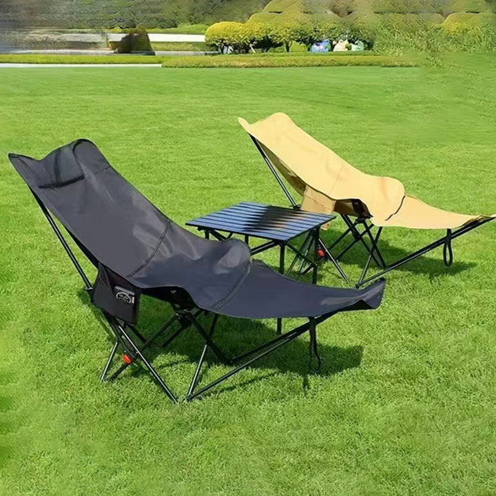 Zeitgenössischer industrieller Oxford-Stoff Kohlenstoffstahl klappbarer Campingstuhl Rückenlehne Fußstütze für den Außenbereich 