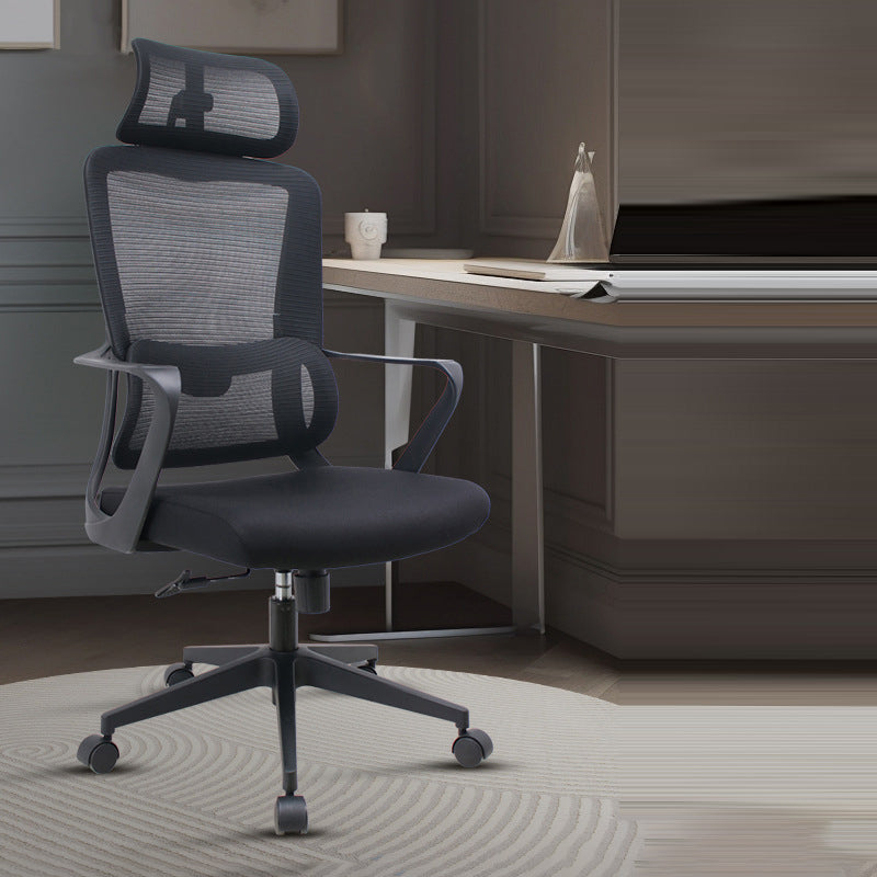 Chaise de bureau roulante ergonomique minimaliste moderne en nylon et PP avec maille en tissu, hauteur réglable, design pivotant, accoudoir et appui-tête pour la maison et le bureau 