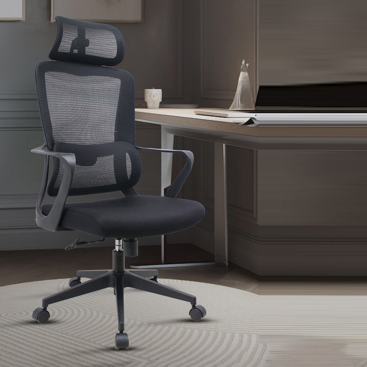 Chaise de bureau roulante ergonomique minimaliste moderne en nylon et PP avec maille en tissu, hauteur réglable, design pivotant, accoudoir et appui-tête pour la maison et le bureau 