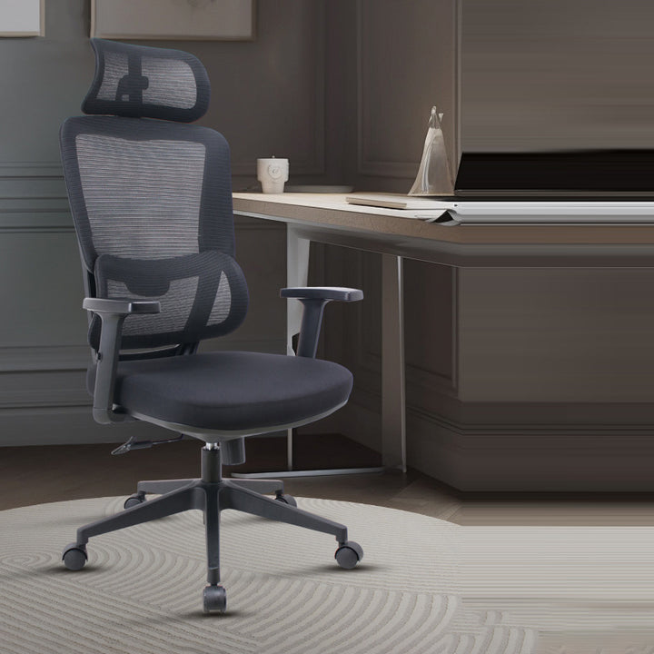 Chaise de bureau roulante ergonomique minimaliste moderne en nylon et PP avec maille en tissu, hauteur réglable, design pivotant, accoudoir et appui-tête pour la maison et le bureau 