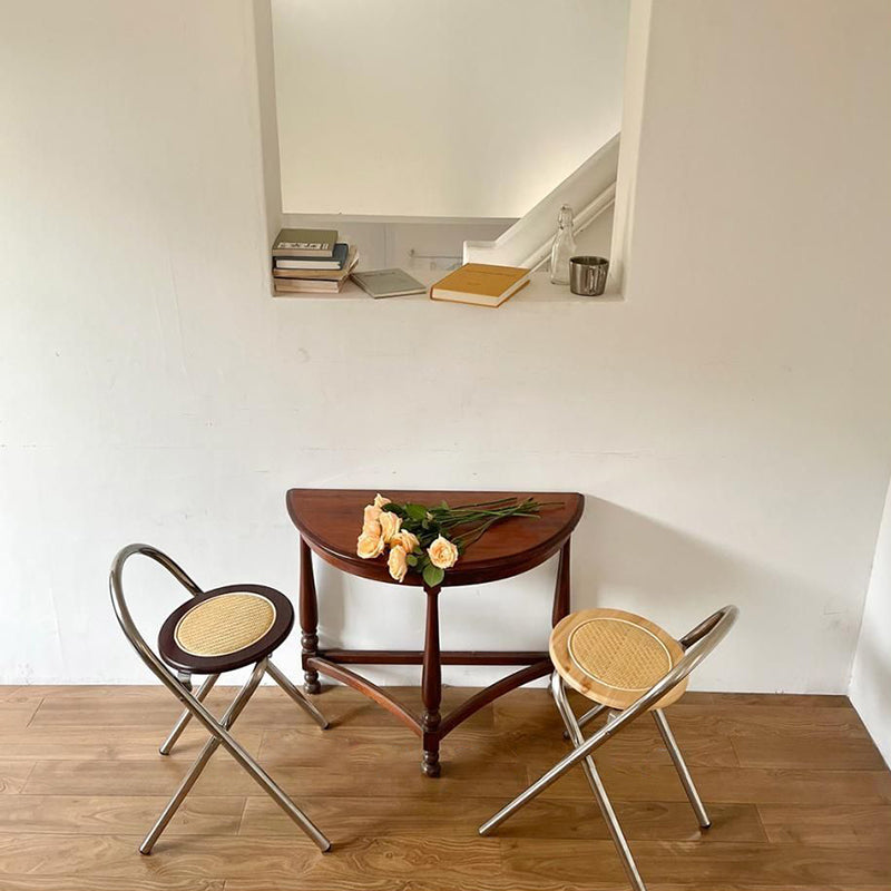 Moderner Mid-Century runder Edelstahl MDF Rattan Webstuhl Klappbarer Hocker mit Rückenlehne für Wohnzimmer 