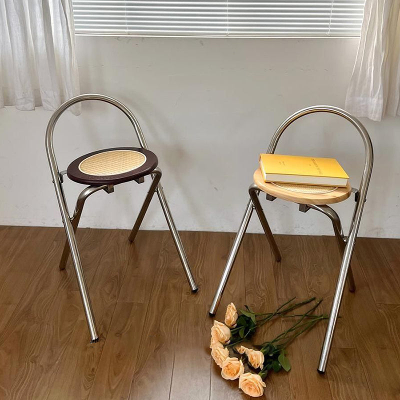 Moderner Mid-Century runder Edelstahl MDF Rattan Webstuhl Klappbarer Hocker mit Rückenlehne für Wohnzimmer 