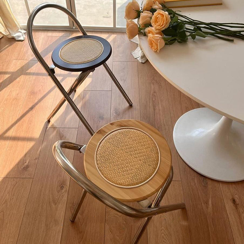 Modern Mid-Century Round Stainless Steel MDF Rattan Weaving Foldable Stool Backrest For Living Room