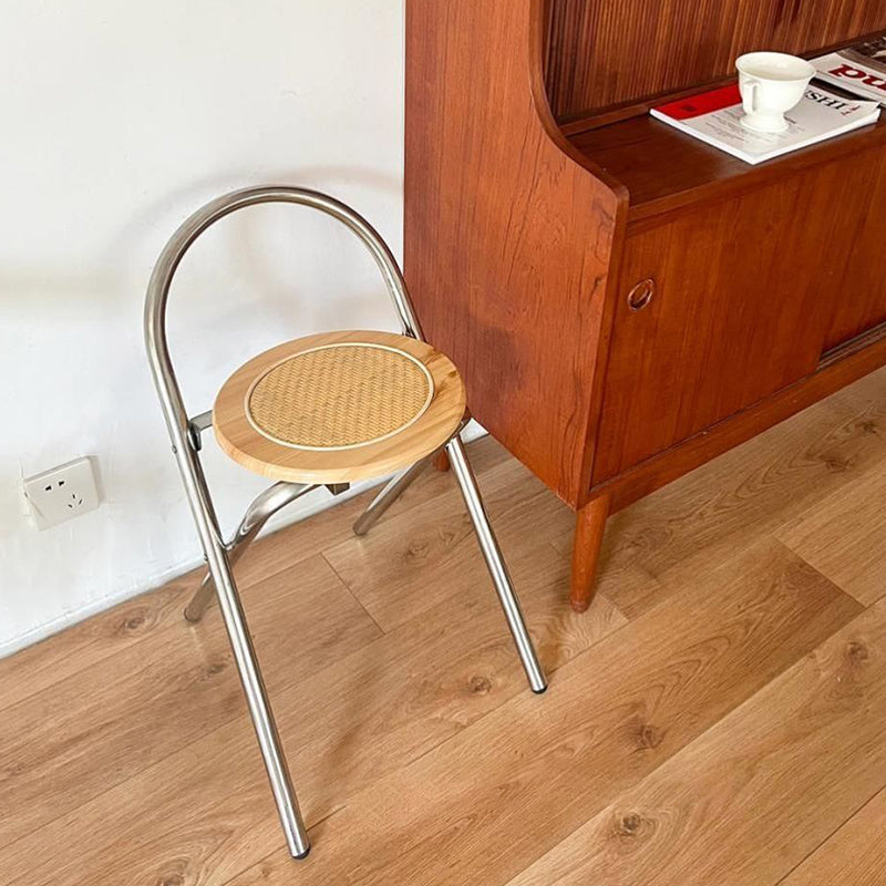 Modern Mid-Century Round Stainless Steel MDF Rattan Weaving Foldable Stool Backrest For Living Room