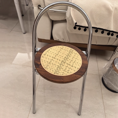 Modern Mid-Century Round Stainless Steel MDF Rattan Weaving Foldable Stool Backrest For Living Room
