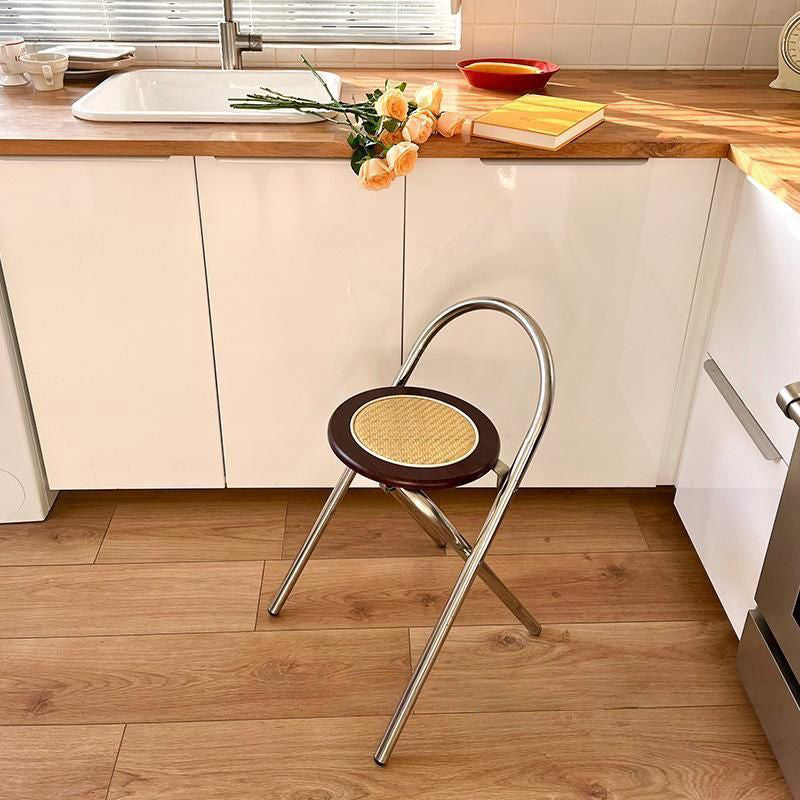 Modern Mid-Century Round Stainless Steel MDF Rattan Weaving Foldable Stool Backrest For Living Room