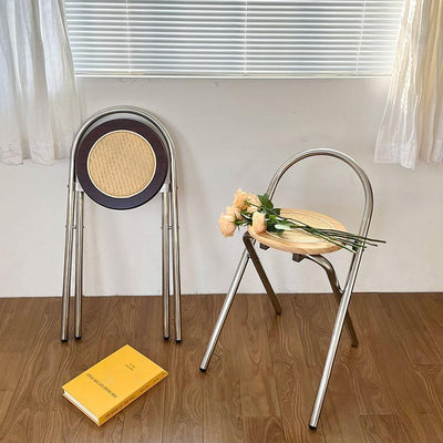 Modern Mid-Century Round Stainless Steel MDF Rattan Weaving Foldable Stool Backrest For Living Room