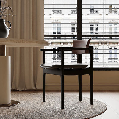 Contemporary Retro Rectangular Rounded-Corner Solid Wood PU Leather Dining Chair Backrest Armrest For Dining Room