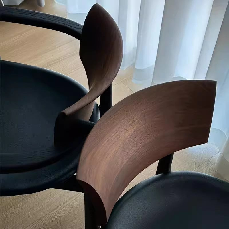 Contemporary Retro Rectangular Rounded-Corner Solid Wood PU Leather Dining Chair Backrest Armrest For Dining Room