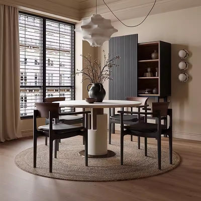 Contemporary Retro Rectangular Rounded-Corner Solid Wood PU Leather Dining Chair Backrest Armrest For Dining Room