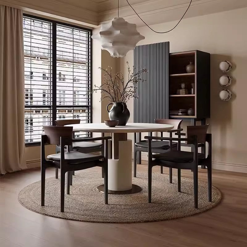 Contemporary Retro Rectangular Rounded-Corner Solid Wood PU Leather Dining Chair Backrest Armrest For Dining Room