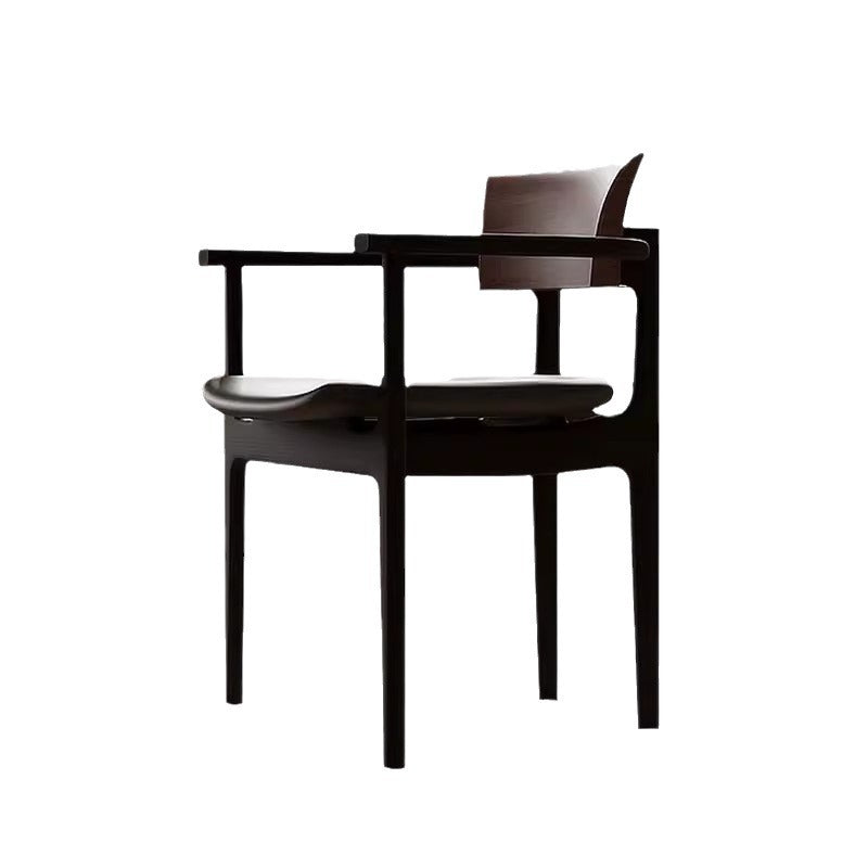 Contemporary Retro Rectangular Rounded-Corner Solid Wood PU Leather Dining Chair Backrest Armrest For Dining Room