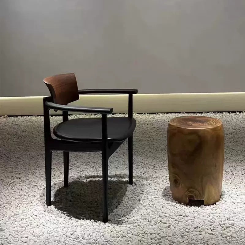 Contemporary Retro Rectangular Rounded-Corner Solid Wood PU Leather Dining Chair Backrest Armrest For Dining Room