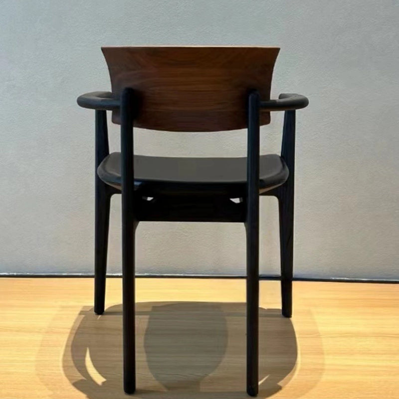 Contemporary Retro Rectangular Rounded-Corner Solid Wood PU Leather Dining Chair Backrest Armrest For Dining Room