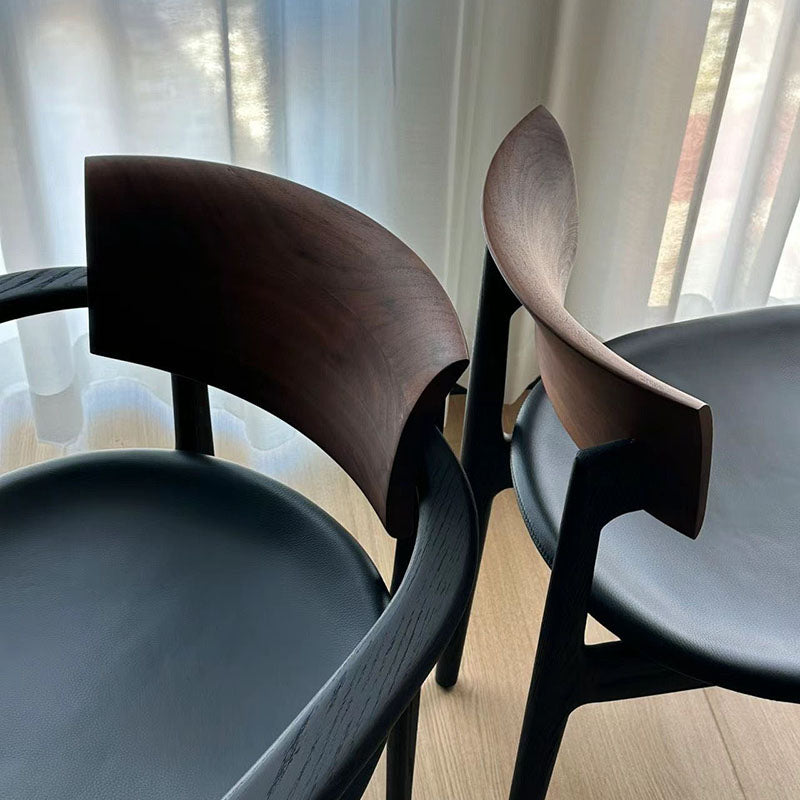 Contemporary Retro Rectangular Rounded-Corner Solid Wood PU Leather Dining Chair Backrest Armrest For Dining Room