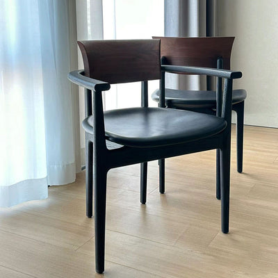 Contemporary Retro Rectangular Rounded-Corner Solid Wood PU Leather Dining Chair Backrest Armrest For Dining Room