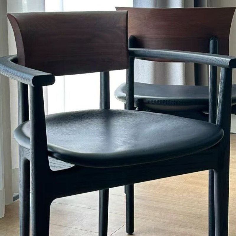 Contemporary Retro Rectangular Rounded-Corner Solid Wood PU Leather Dining Chair Backrest Armrest For Dining Room