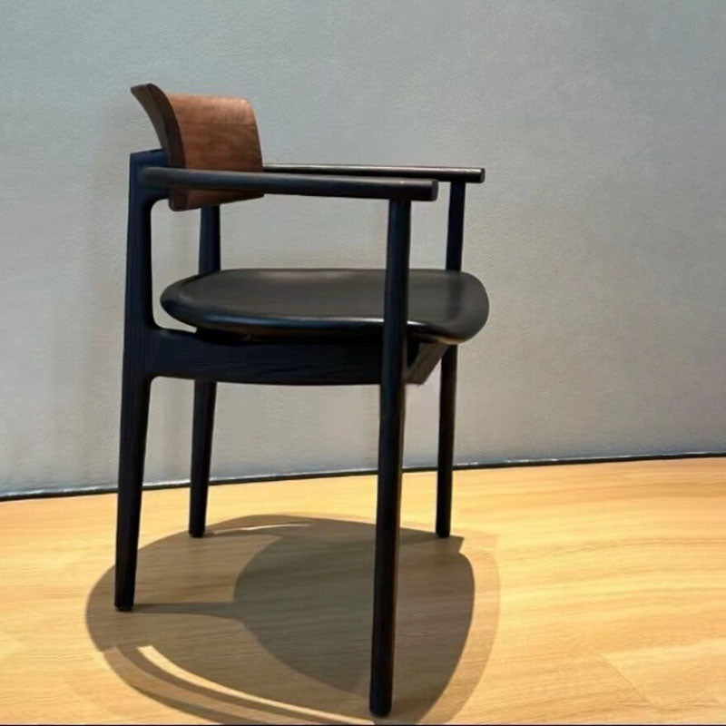Contemporary Retro Rectangular Rounded-Corner Solid Wood PU Leather Dining Chair Backrest Armrest For Dining Room