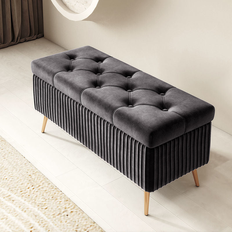 Banco moderno de lujo rectangular con estructura de madera maciza y espuma de terciopelo 1-almacenamiento para la entrada 