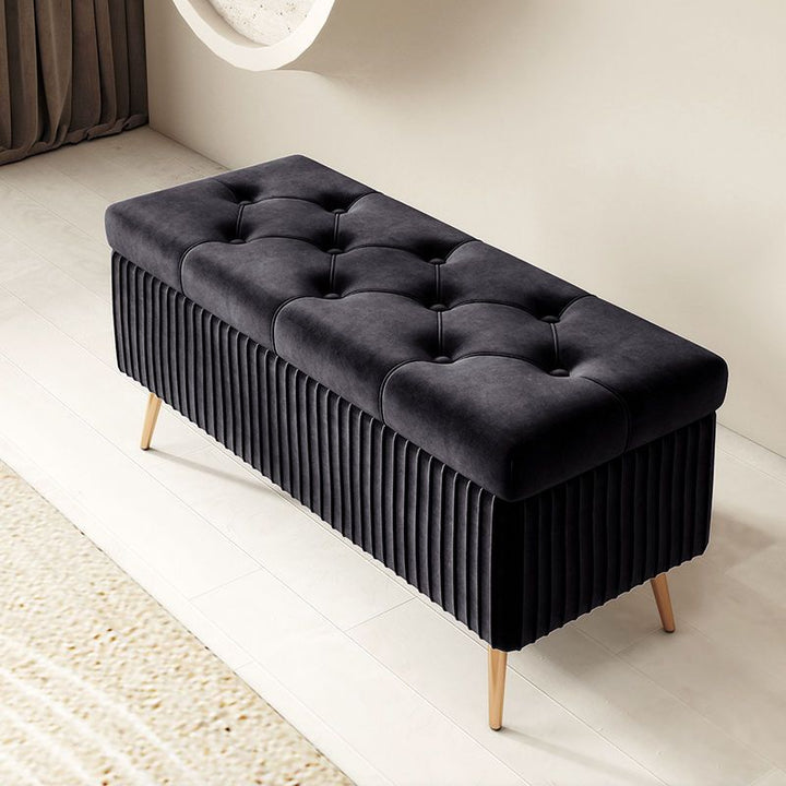 Banco moderno de lujo rectangular con estructura de madera maciza y espuma de terciopelo 1-almacenamiento para la entrada 