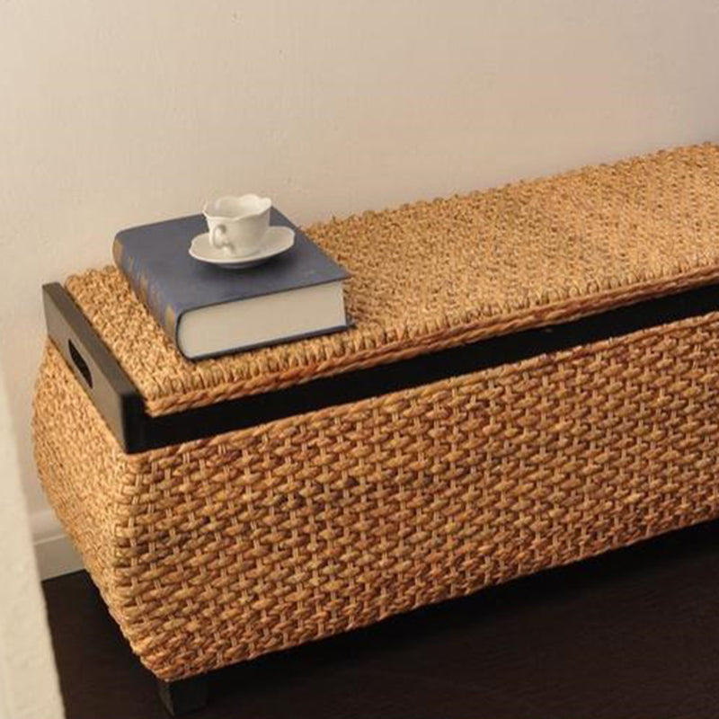 Banc à chaussures en bois massif rustique traditionnel rectangulaire à coins arrondis, en rotin tressé Narcissus, avec 1 espace de rangement pour l’entrée 