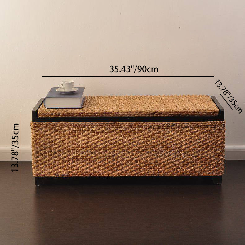 Banc à chaussures en bois massif rustique traditionnel rectangulaire à coins arrondis, en rotin tressé Narcissus, avec 1 espace de rangement pour l’entrée 