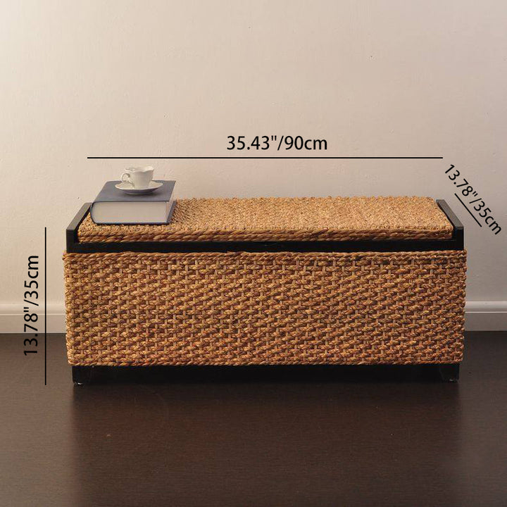 Banc à chaussures en bois massif rustique traditionnel rectangulaire à coins arrondis, en rotin tressé Narcissus, avec 1 espace de rangement pour l’entrée 