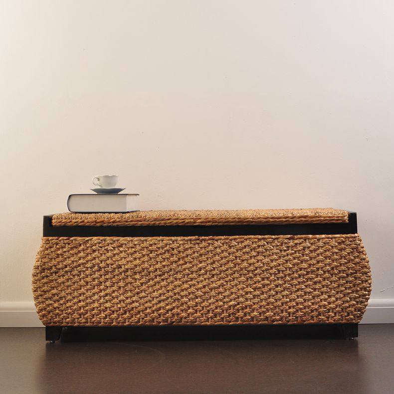 Banc à chaussures en bois massif rustique traditionnel rectangulaire à coins arrondis, en rotin tressé Narcissus, avec 1 espace de rangement pour l’entrée 