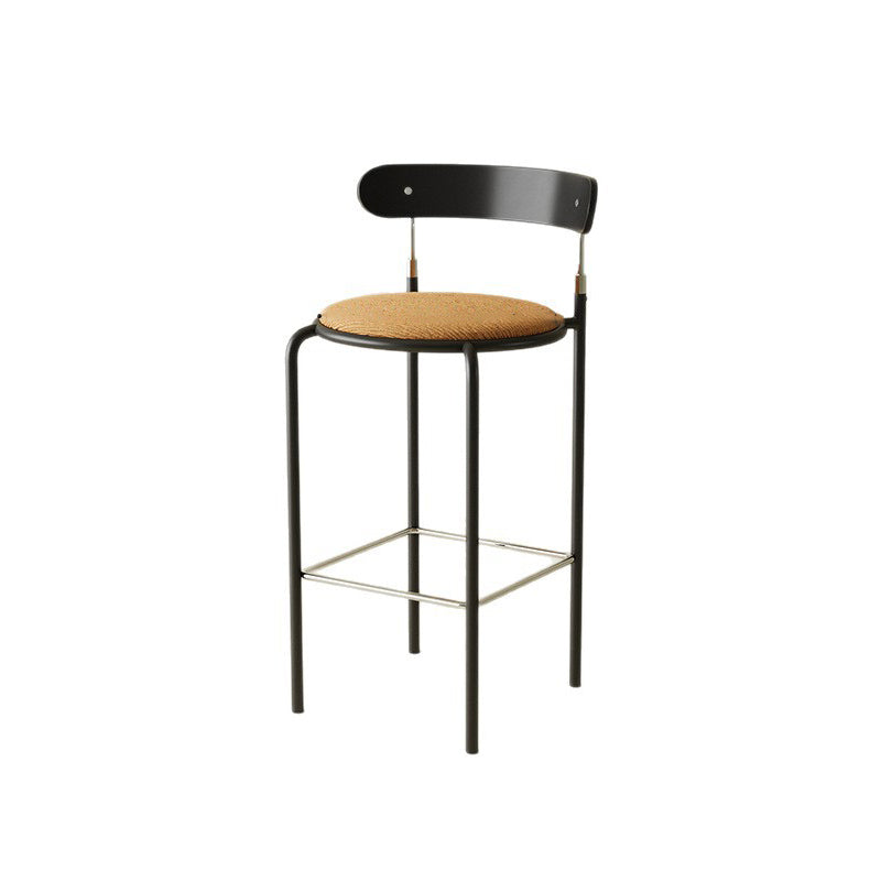 Moderner minimalistischer Barhocker aus Schmiedeeisen, Sperrholz und Stoff in runder Form mit Rückenlehne und Fußstütze für das Esszimmer 