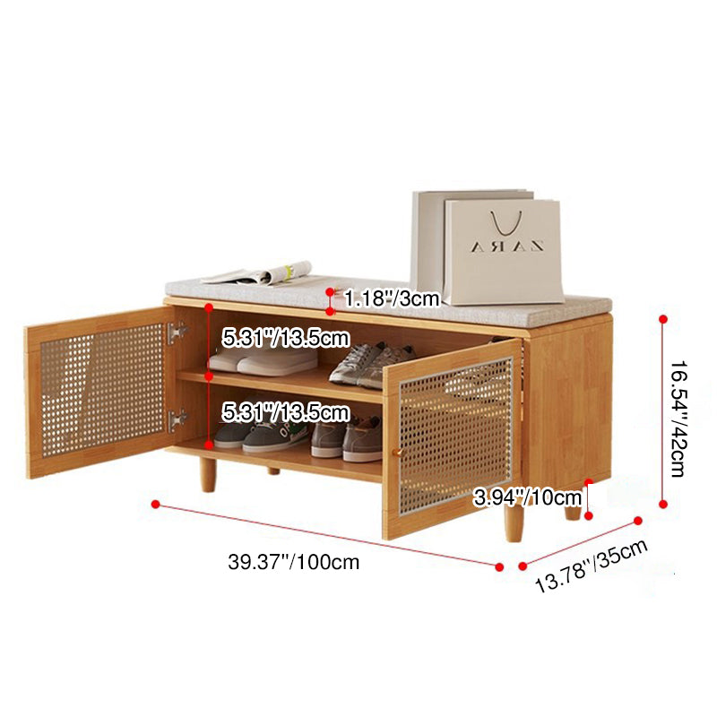 Banco de Zapatos Nórdico Contemporáneo Rectangular de Madera Maciza y Tejido de Ratán de Plástico con 2 Almacenamientos para la Entrada 