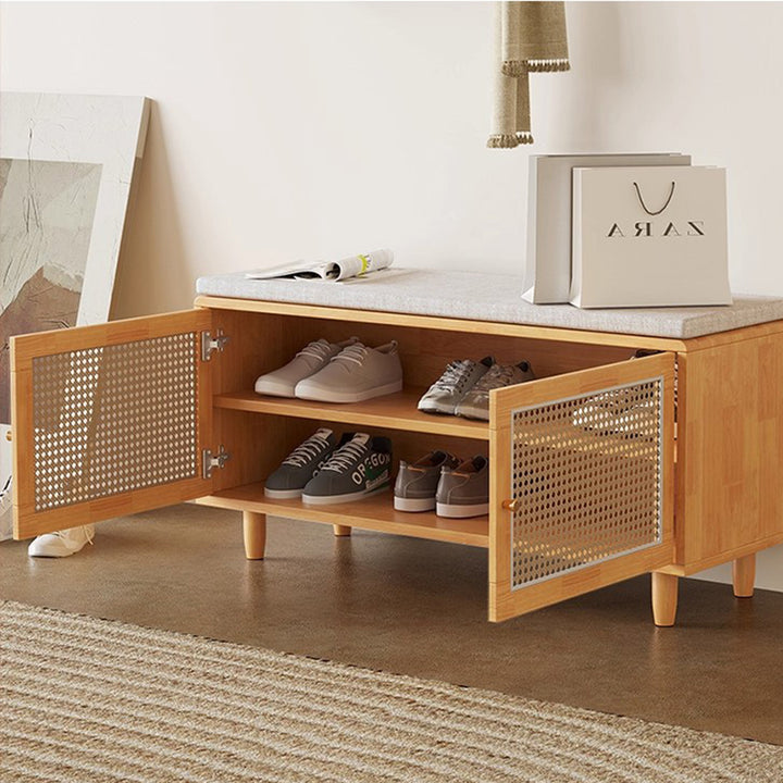 Banco de Zapatos Nórdico Contemporáneo Rectangular de Madera Maciza y Tejido de Ratán de Plástico con 2 Almacenamientos para la Entrada 