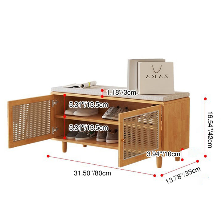 Banco de Zapatos Nórdico Contemporáneo Rectangular de Madera Maciza y Tejido de Ratán de Plástico con 2 Almacenamientos para la Entrada 