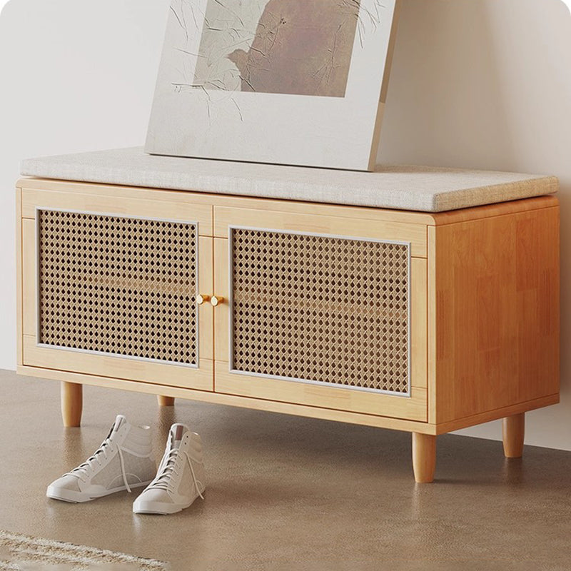 Banco de Zapatos Nórdico Contemporáneo Rectangular de Madera Maciza y Tejido de Ratán de Plástico con 2 Almacenamientos para la Entrada 