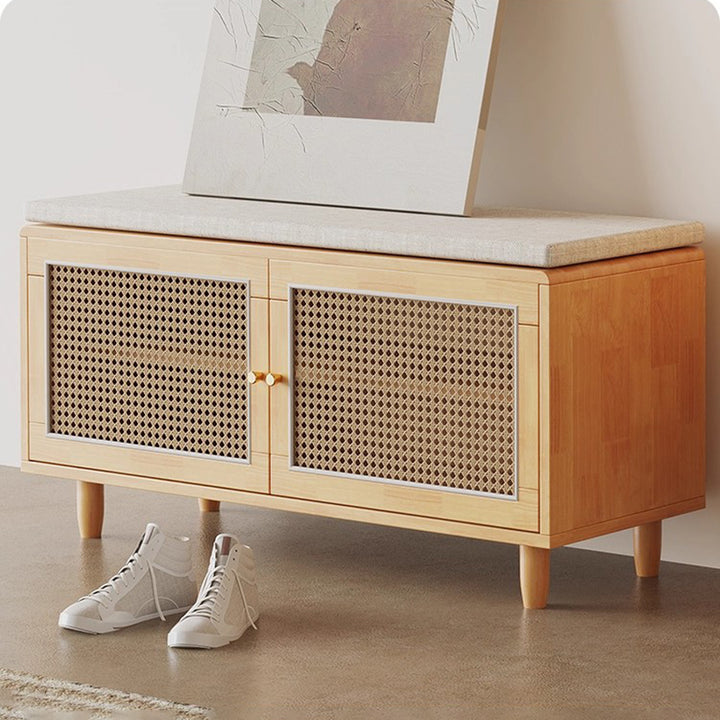 Banco de Zapatos Nórdico Contemporáneo Rectangular de Madera Maciza y Tejido de Ratán de Plástico con 2 Almacenamientos para la Entrada 