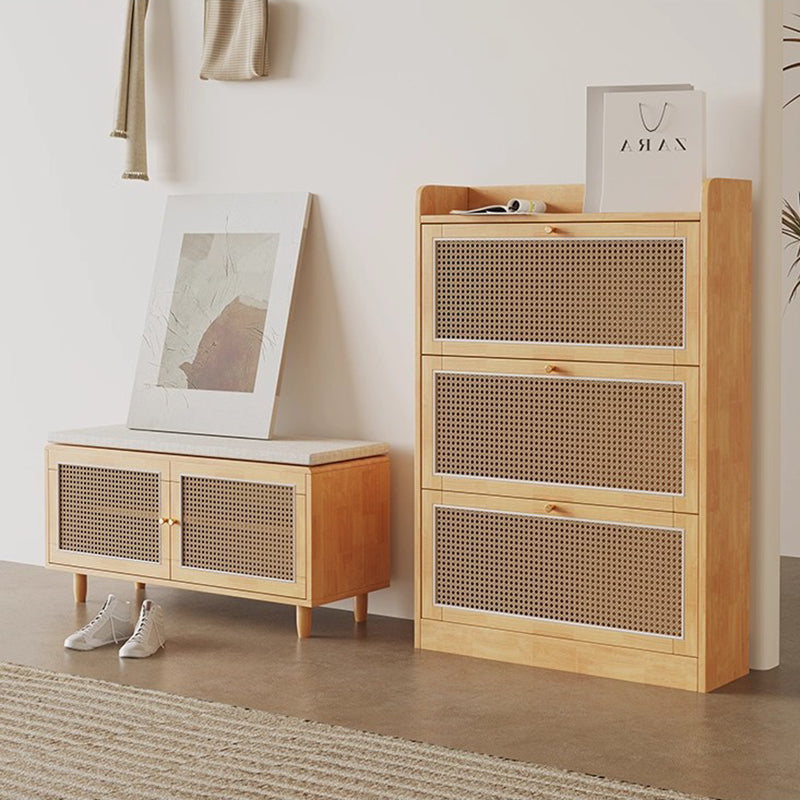 Banco de Zapatos Nórdico Contemporáneo Rectangular de Madera Maciza y Tejido de Ratán de Plástico con 2 Almacenamientos para la Entrada 