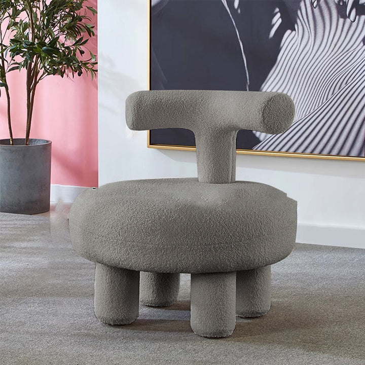 Moderner minimalistischer runder niedriger Hocker aus MDF und Sherpa-Stoff mit Rückenlehne für Wohnzimmer &amp; Eingangsbereich 
