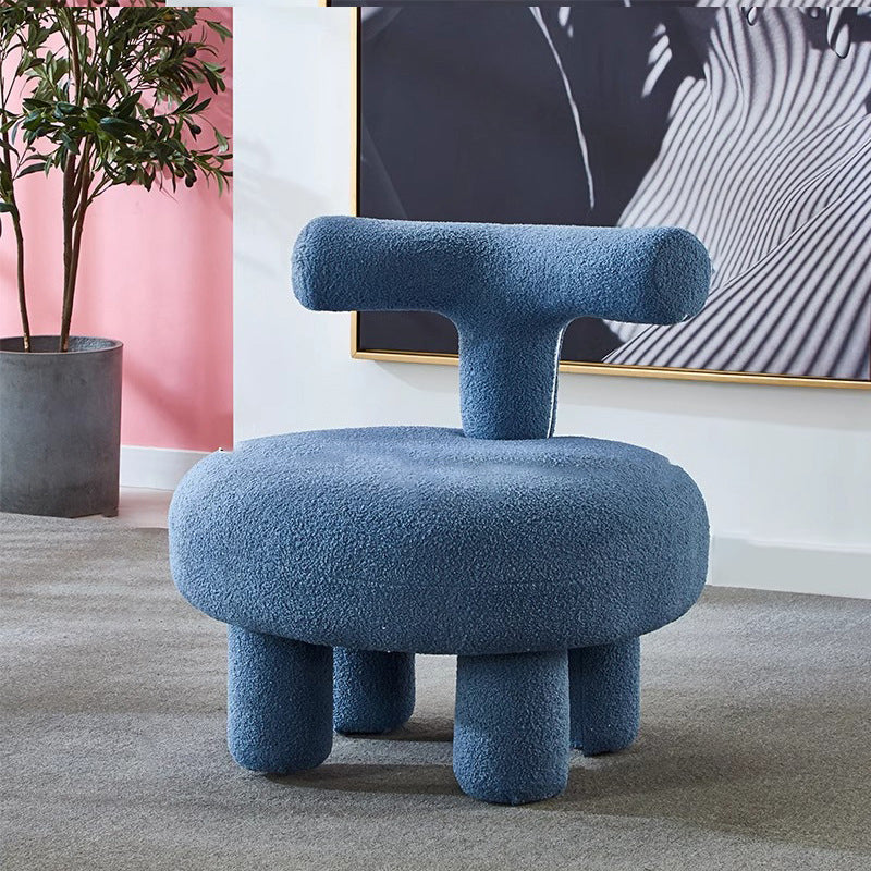 Moderner minimalistischer runder niedriger Hocker aus MDF und Sherpa-Stoff mit Rückenlehne für Wohnzimmer &amp; Eingangsbereich 