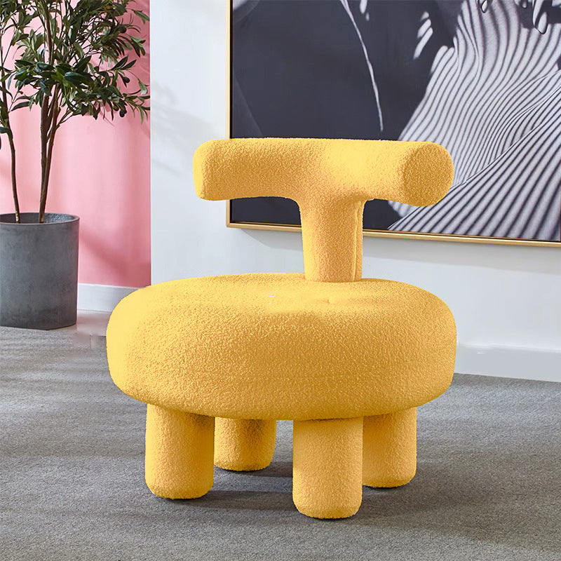 Moderner minimalistischer runder niedriger Hocker aus MDF und Sherpa-Stoff mit Rückenlehne für Wohnzimmer &amp; Eingangsbereich 