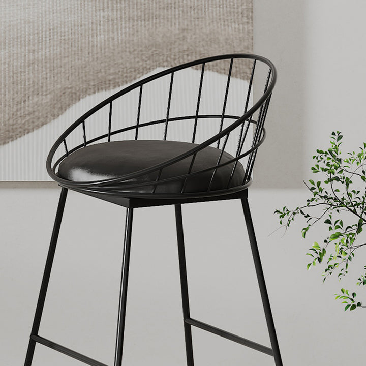 Modern Minimalist Wrought Iron &amp; Leather Round Bar Stool With Backrest Footrest For Dining Room