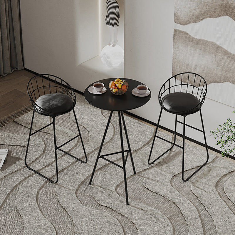 Modern Minimalist Wrought Iron &amp; Leather Round Bar Stool With Backrest Footrest For Dining Room
