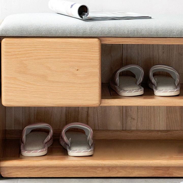 Modern Minimalist Solid Wood &amp; Linen Rectangular Shoe Bench With Drawer And Dual Storage Spaces For Entryway