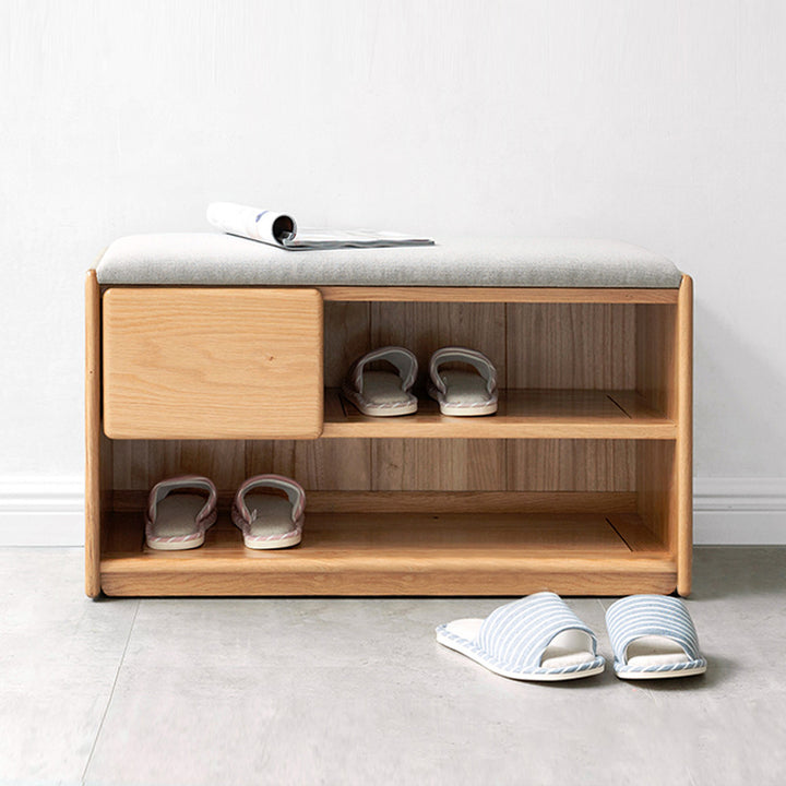 Modern Minimalist Solid Wood &amp; Linen Rectangular Shoe Bench With Drawer And Dual Storage Spaces For Entryway