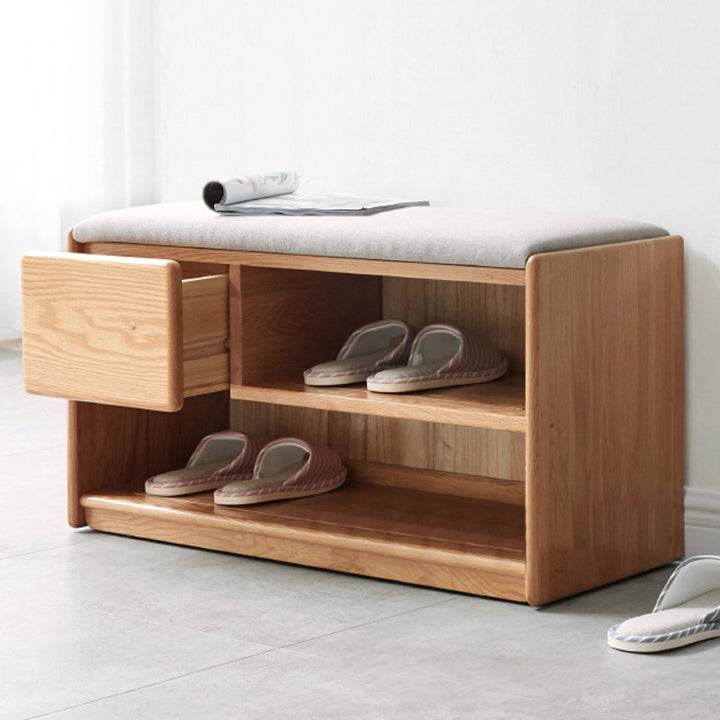 Modern Minimalist Solid Wood &amp; Linen Rectangular Shoe Bench With Drawer And Dual Storage Spaces For Entryway